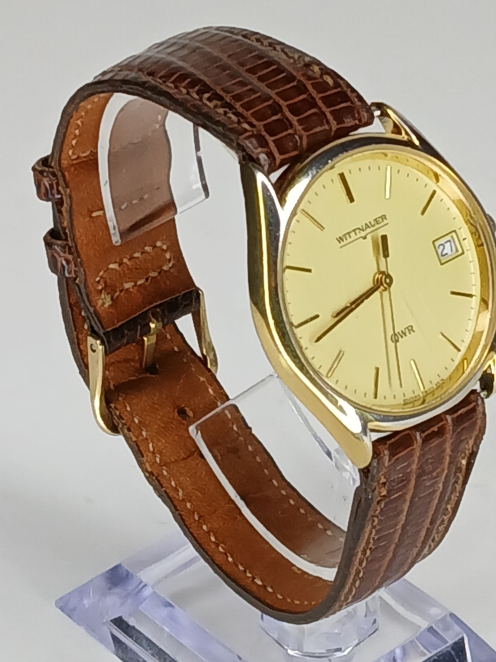​Vintage Wittnauer QWR Gold Tone Date Quartz Men's Watch Genuine Lizard Strap